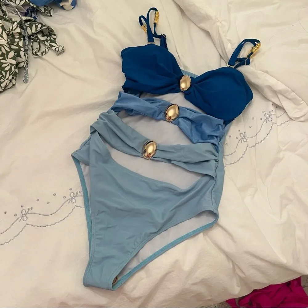 Shein Women's Multi-Color Hollow Out Beach Wear One-Piece Swimsuit blue